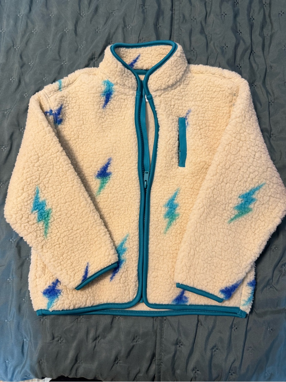 Old Navy Cream Sherpa Jacket with Teal & Blue Lightning Bolts